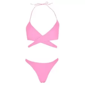 image of Missguided Cross Over Bikini Top and High Leg Bottom Bikini Set - Pink