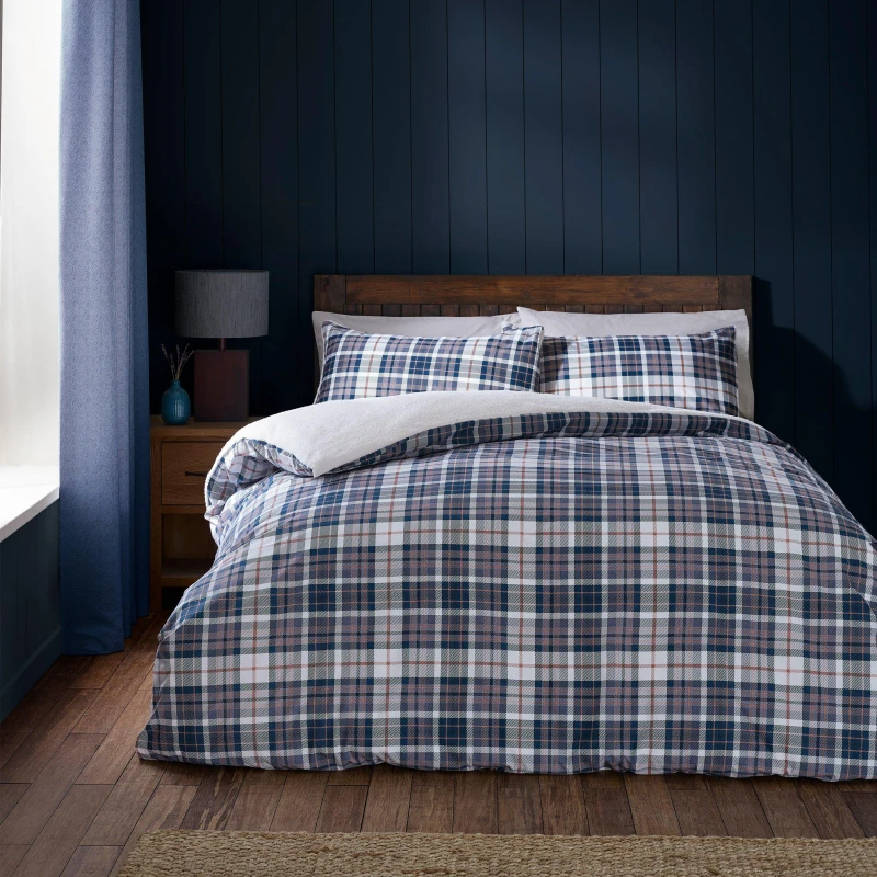 Image of Catherine Lansfield Catherine Lansfield 'Cosy Sherpa Check' Duvet Cover Set in Navy Size: Super King Navy Super King Unisex 5057681185248
