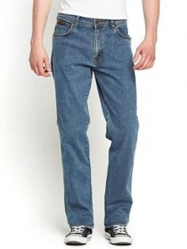 image of Wrangler Mens Texas Stretch Straight Jeans - Stonewash, Size 30, Inside Leg L=34", Men