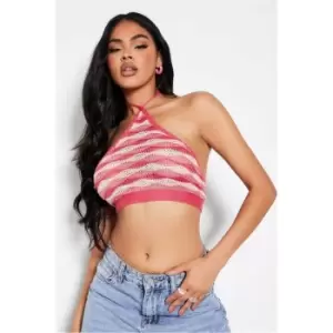 Image of I Saw It First Pink Stripe Crochet Halterneck Top Co-Ord - Pink