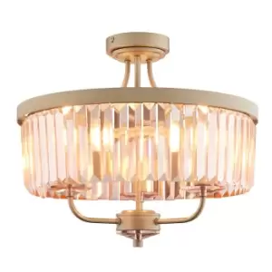 image of Round Champagne Finished Semi Flush Ceiling Light Rose Pink Cut Glass Detailing