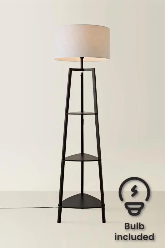 Image of ValueLights ValueLights Hiru Black 3 Tier Shelf Floor Lamp with Large Drum Shade and Bulb in Light Grey Light Grey One Size Unisex 5059406034404