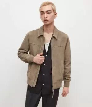 Image of AllSaints Mens Rashford Suede Jacket, Taupe Brown, Size: XS