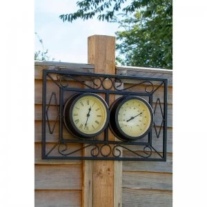 Image of Ornate Metal Wall Mounted Frame Clock and Thermometer
