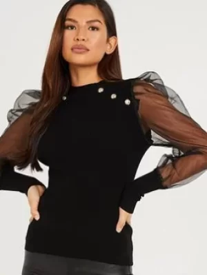Image of Quiz Knitted Organza Sleeve Top, Light Cream, Size S, Women