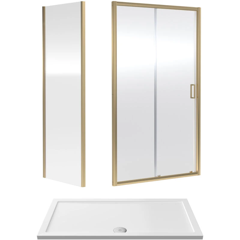 Image of Balterley Ruwa Sliding Shower Suite: 6mm Glass Tray Door Panel 1400x760mm Brass in Bronze Bronze Unisex