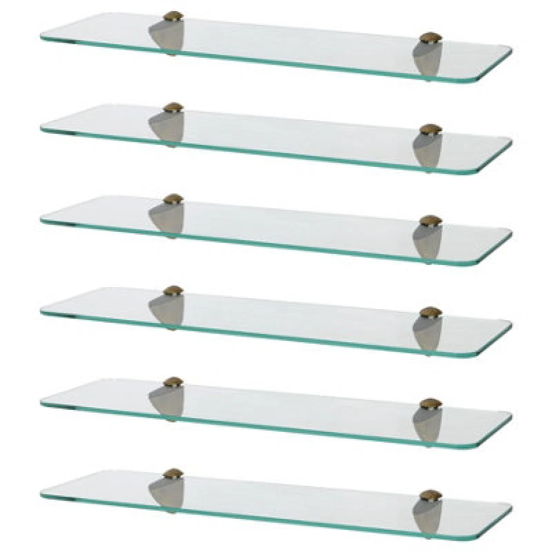 Image of Harbour Housewares 6X Rounded Floating Glass Shelves - 50Cm - Gold Brackets - Bathroom Shower Storage Vanity Display Unit Shelf