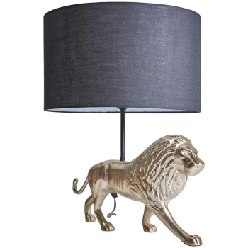 Image of Brass Lion Design Table Lamp with Fabric Lampshade - Black