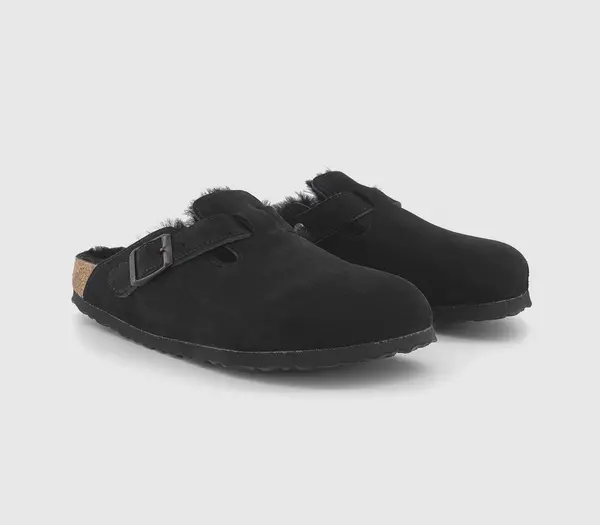 Image of Birkenstock Womens Boston Shearling Clogs Black Suede, 4