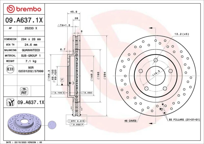 Image of BREMBO Brake disc BREMBO 09.A637.1X