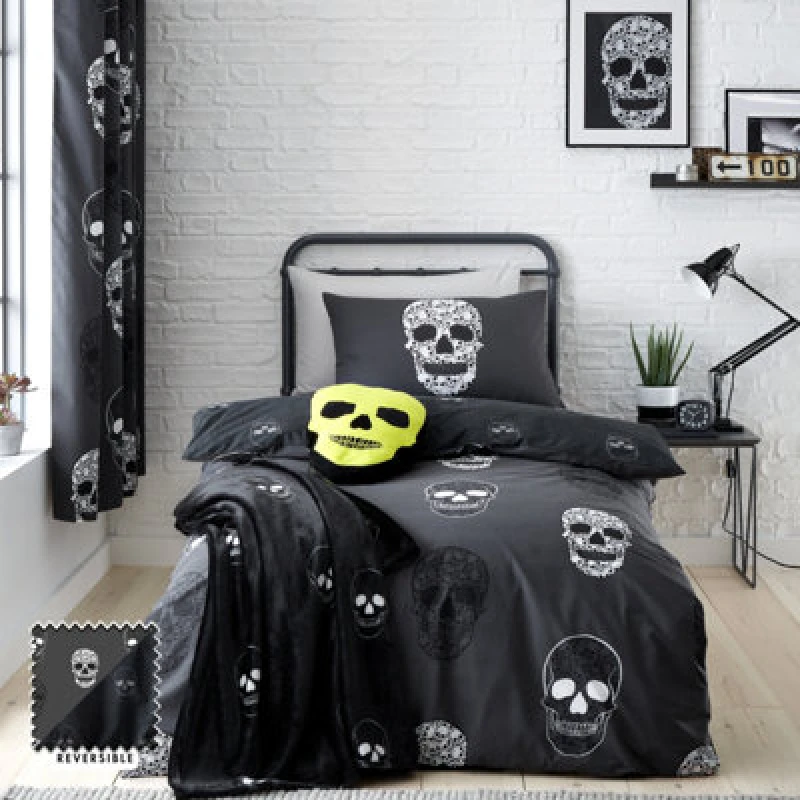 Image of Catherine Lansfield Bedding Skulls Reversible Duvet Cover Set With Pillowcase Grey