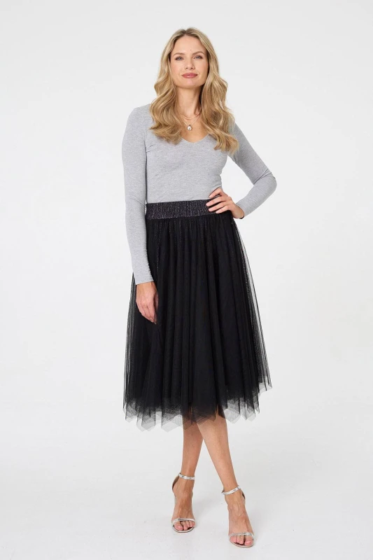Image of Izabel London Womens Reversible Knit Mesh Texture Midi Skirt in Black Size: 10 Black Female 10