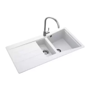 image of 1.5 Bowl Inset White Granite Kitchen Sink with Reversible Drainer - Rangemaster Mica