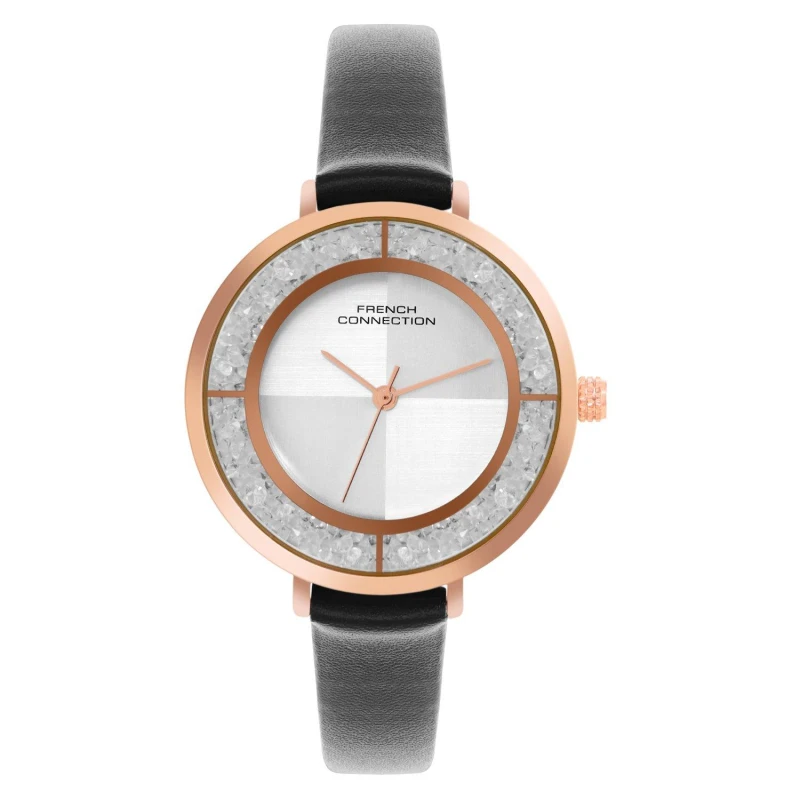 Image of French Connection Rose Case Round Shape Black Strap Quartz Watch Silver female One Size