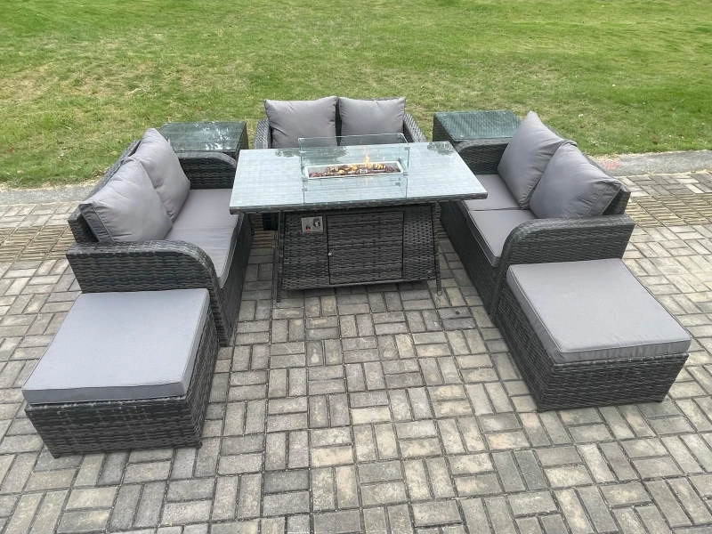Image of Fimous Rattan Outdoor Garden Furniture Sofa Set Gas Fire Pit Dining Table Gas Heater with 2 Side Tables Love Sofa 2 Big Footstool Dark Grey