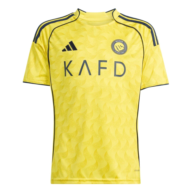 Image of adidas Al Nassr Ronaldo Home Shirt 2025 2026 Juniors Yellow/Blue male 13 Years
