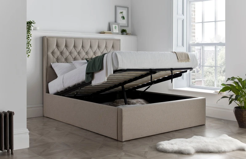 Image of Bedmaster Bedmaster Wilson Fabric Ottoman Bed And Majestic 1000 Pocket Sprung Mattress in Light Brown Size: Double Light Brown Double Unisex 9507443