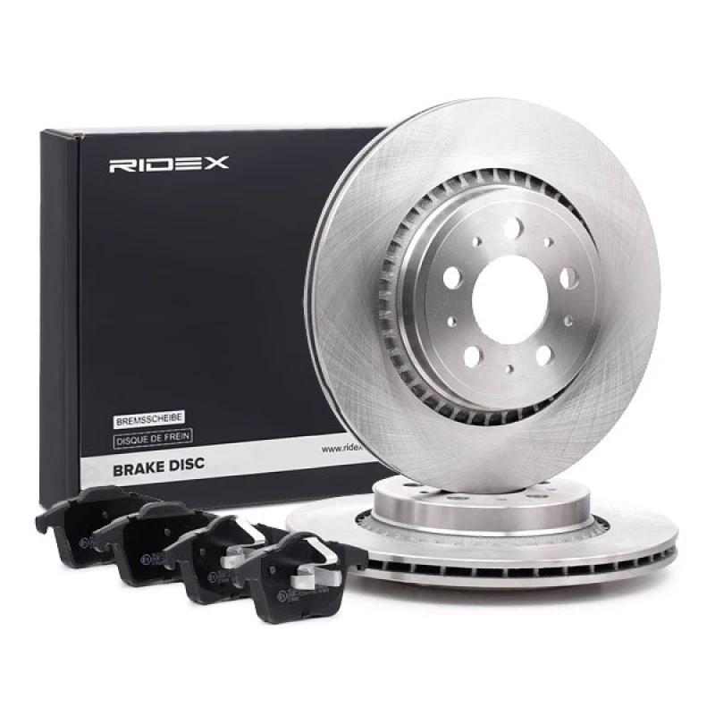 Image of RIDEX 3405B1474 Brake disc and pads set Rear Axle, Brake Disc Type: Externally Vented, with piston clip Brake Set,disc brakes (3405)