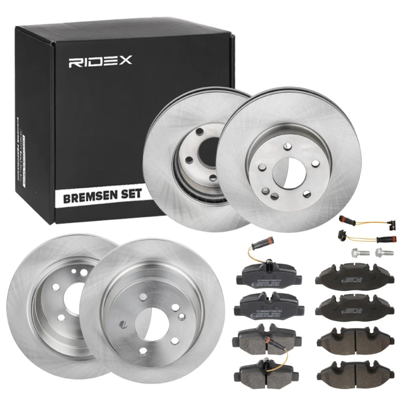 Image of RIDEX 3405B1663 Brake disc and pads set Rear Axle, Brake Disc Type: Solid, incl. wear warning contact, with brake caliper screws Brake Set,disc brake
