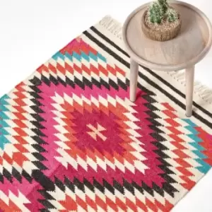 Image of Homescapes - Manila Handwoven Pink, Orange and White Multi Coloured Diamond Patterned Kilim Wool Rug, 160 x 230cm - Multi Colour