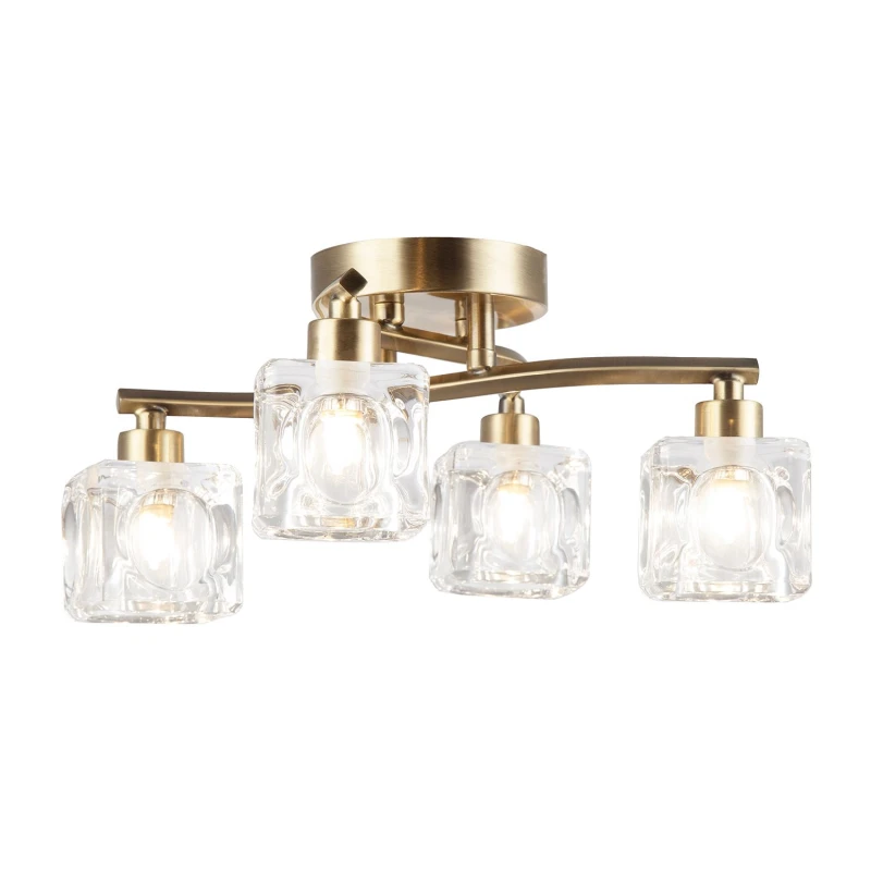 Image of Happy Homewares Modern 4-Bulb Ceiling Light with Square Clear Ice Cube Shades in Metallic Gold Metallic Gold Unisex