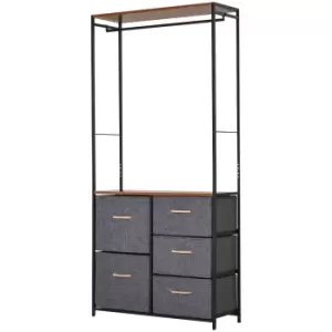 Image of HOMCOM Storage Coat Rack Hallway / Bedroom Organiser Shelves with Hanger, 5 Drawer - Grey