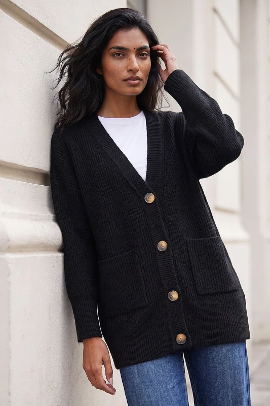 Image of Roman Womens Relaxed Longline Cardigan in Black Size: 10 Black Female 10