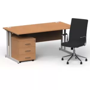 image of Impulse 1600/800 Silver Cant Desk Oak + 3 Dr Mobile Ped & Ezra Black