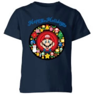 Image of Nintendo Super Mario Mario Happy Holidays Kid's T-Shirt - Navy - 11-12 Years