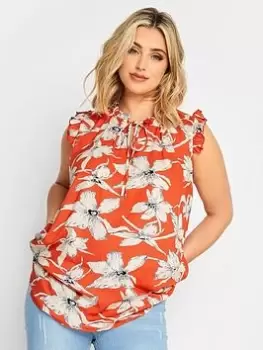 Image of Yours Yours Frill Tie Neck Top Large Orange Floral, Orange, Size 18, Women