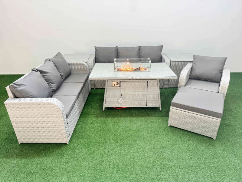 Image of Fimous 8 Seater Poly Rattan Outdoor Garden Furniture Firepit Dining Table Sofa Set Patio 3 Seater Sofa Reclining Chair 3 Seater Sofa Big Footstool 2 S