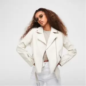 image of Missguided Faux Leather Boyfriend Belted Biker Jacket - Cream