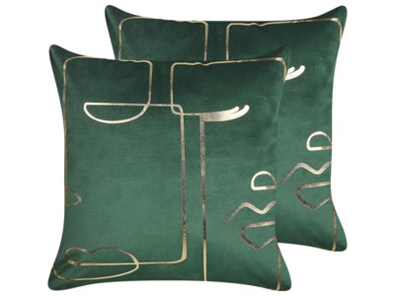 Image of Beliani Set Of 2 Decorative Cushions Philodendron Velvet 45 X 45cm Emerald Green Abstract Pattern