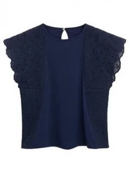 Mango Girls Broderie Frill Tshirt - Navy