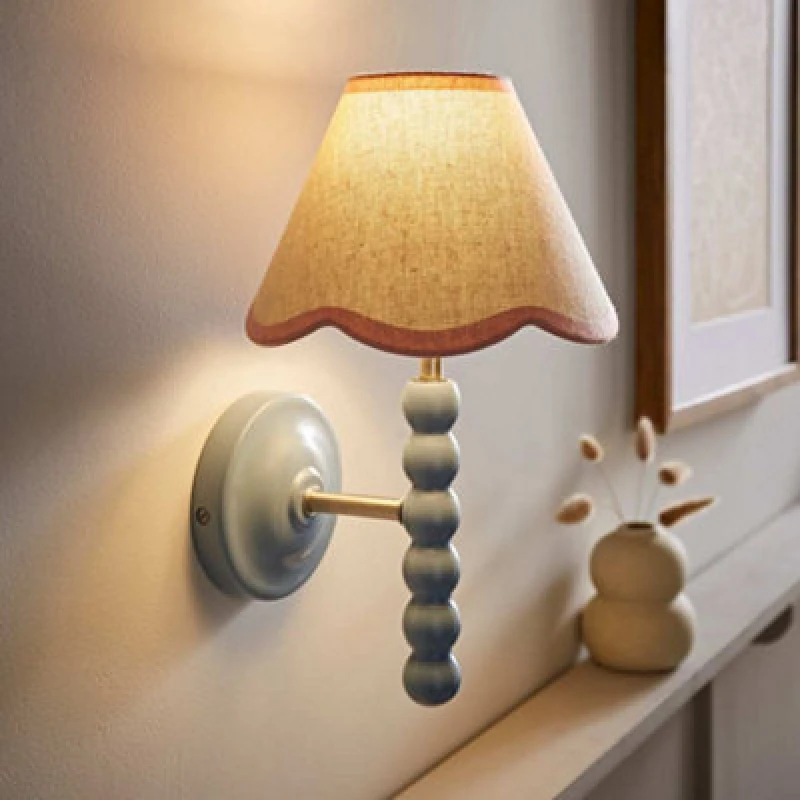 Image of Valuelights Bobbin Blue Wall Light With Pink Trim Scallop Shade