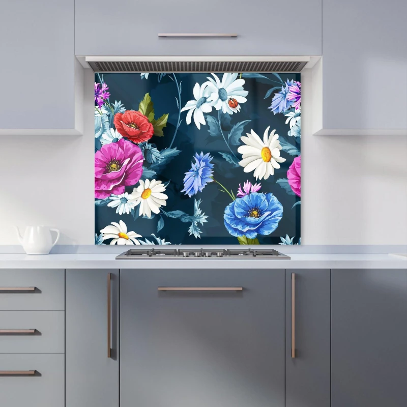 Image of Warren Reed - Designer Polish Folk Floral Kitchen Splashback in Blue Size: 600mm x 750mm Blue Unisex 600mm x 750mm