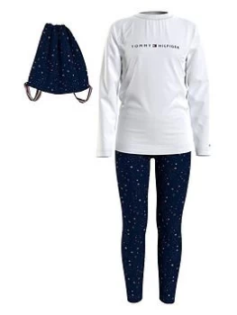 Image of Tommy Hilfiger Girls Long Sleeve Legging Set Giftpack - White/festive Scatter, White, Size 12-14 Years, Women