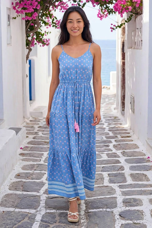 Image of Roman Womens Petite Abstract Print Strappy Maxi Dress in Blue Size: 18 Blue Female 18