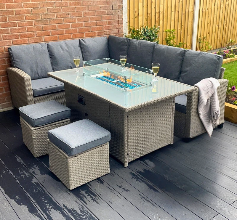 Image of Outdoor Living The Conwy 8 Seat Corner Gas Firepit Rattan Dining Set in Grey Grey Unisex