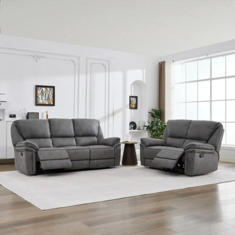 Image of Manual Reclining Leathaire Sofa Suite,light Gray - 2+3 Seater