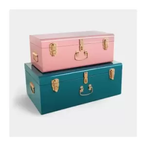 image of BTFY Storage Trunks Set of 2 - Pink & Teal Steel Storage Chests with Rose Gold Handles, Stylish Stackable Bedroom Storage for Bedroom, Living room,