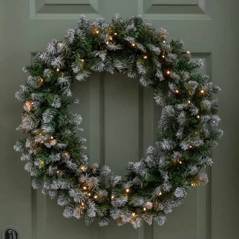 Image of 60cm Snow Tipped Christmas Wreath with 50 Warm White LEDs and 160 Bullet Tips