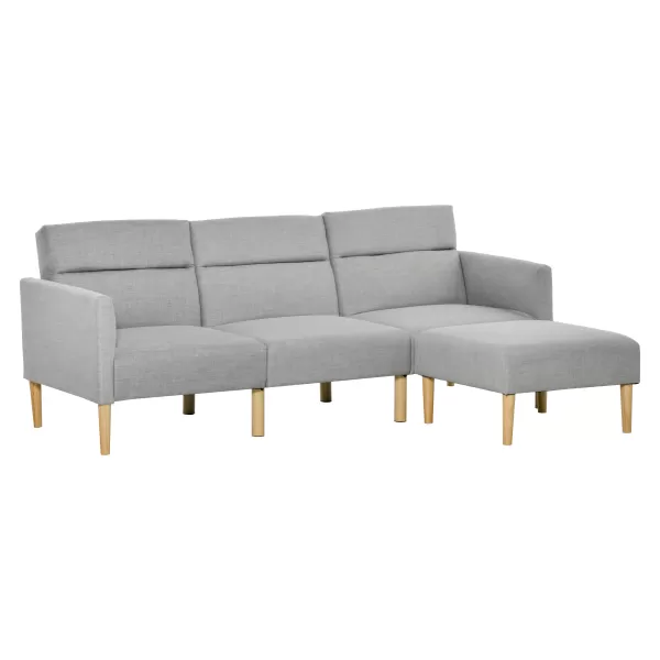 Image of HOMCOM L Shape Sofa Bed Set, Linen Fabric Corner Sofa Bed with Rubber Wood Legs and Footstool, Light Grey