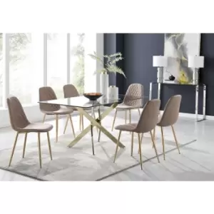 Image of Furniturebox Leonardo 150cm Modern Glass And Gold Metal Dining Leg Table And 6 Cappuccino Beige Corona Faux Leather Dining Chairs with Gold Legs
