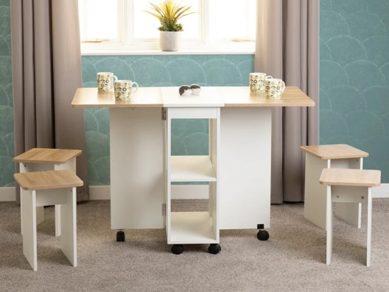 Image of Seconique Seymore Stowaway White and Oak Dining Table and 4 Stools
