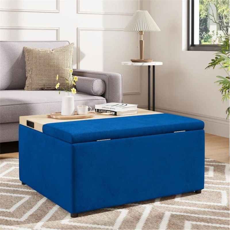 Image of Kabinet UK Velvet Upholstered Storage Ottoman Stool Blue unisex One size