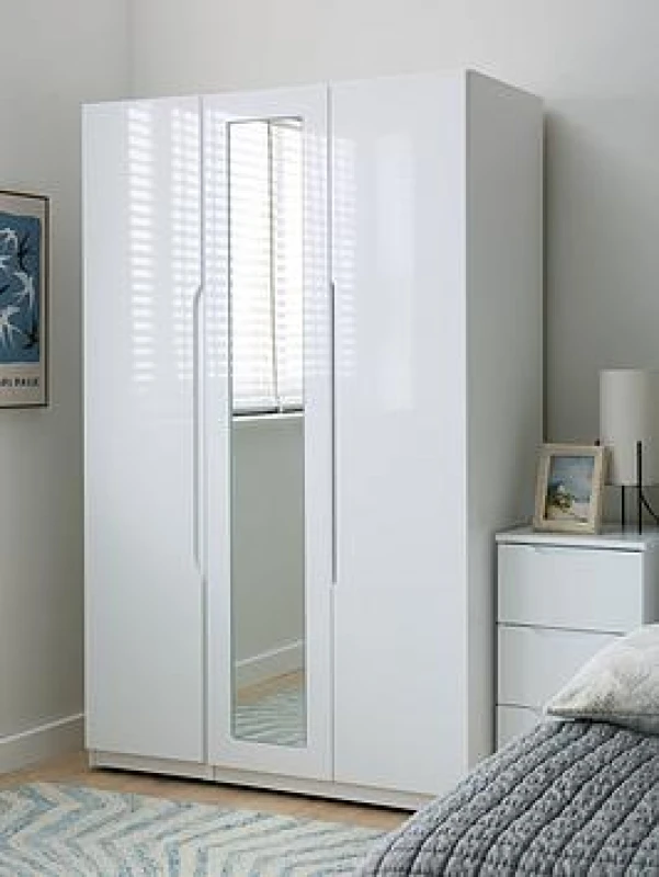Image of One Call Furniture Antibes 3 Door Wardrobe With Mirror Ready Assembled Gloss White LEWR3DRM