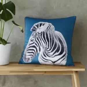 image of Catherine Lansfield Zebra Faux Velvet Piped Edge Filled Cushion, Teal, 55 x 55 Cm