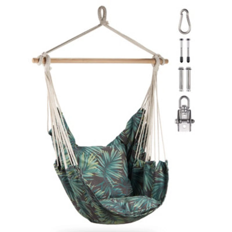 Image of Vonhaus Hanging Chair, Palm Leaf Print Hammock Chair Swing Seat, Cotton Rope Swing Chair With Attachments, Portable Garden Chair