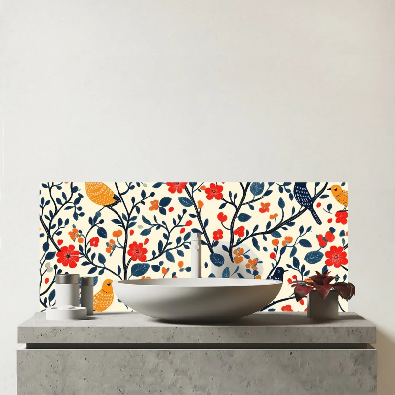 Image of Warren Reed - Designer Woodland Birds & Flowers In The Trees Glass Bathroom Splashback Multicolor Unisex